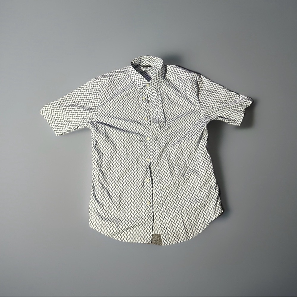 Alfani Mens Blue/White Geometric Print Short Sleeve Button Down Shirt Sz S